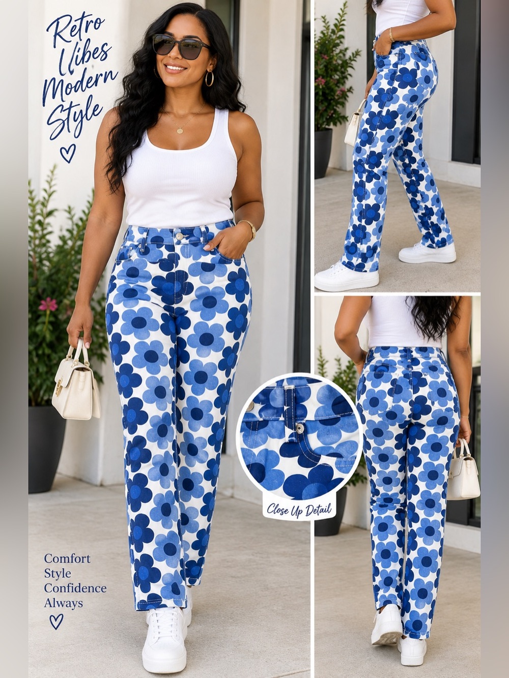 Zara Blue Floral Print Straight-Leg Jeans